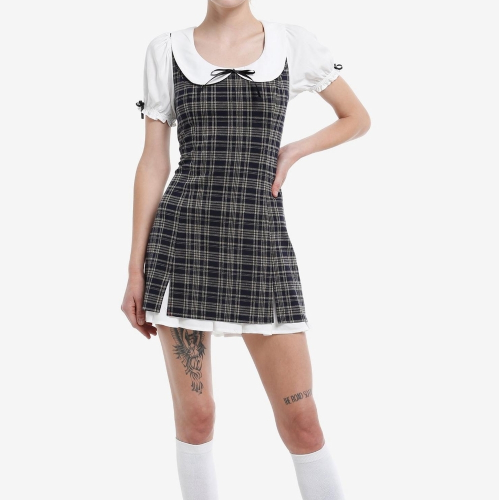 Thorn & Fable Brown & Black Plaid Puff Sleeve Collar Mini Dress